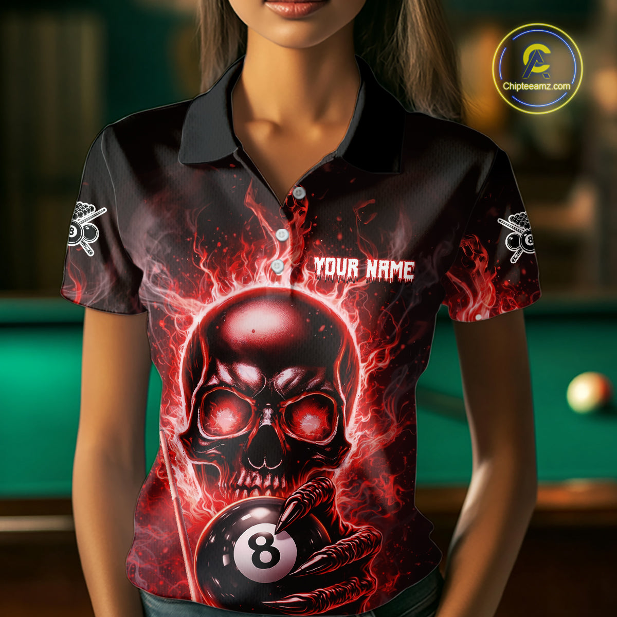 Red Flames Skull Hoding 8 Ball Pool Women Polo & 1/4-Zip Shirt Custom Billiards Ball Jerseys NYN2428