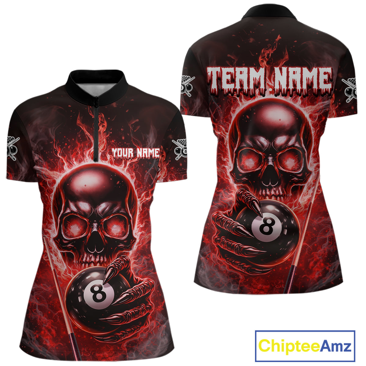 Red Flames Skull Hoding 8 Ball Pool Women Polo & 1/4-Zip Shirt Custom Billiards Ball Jerseys NYN2428