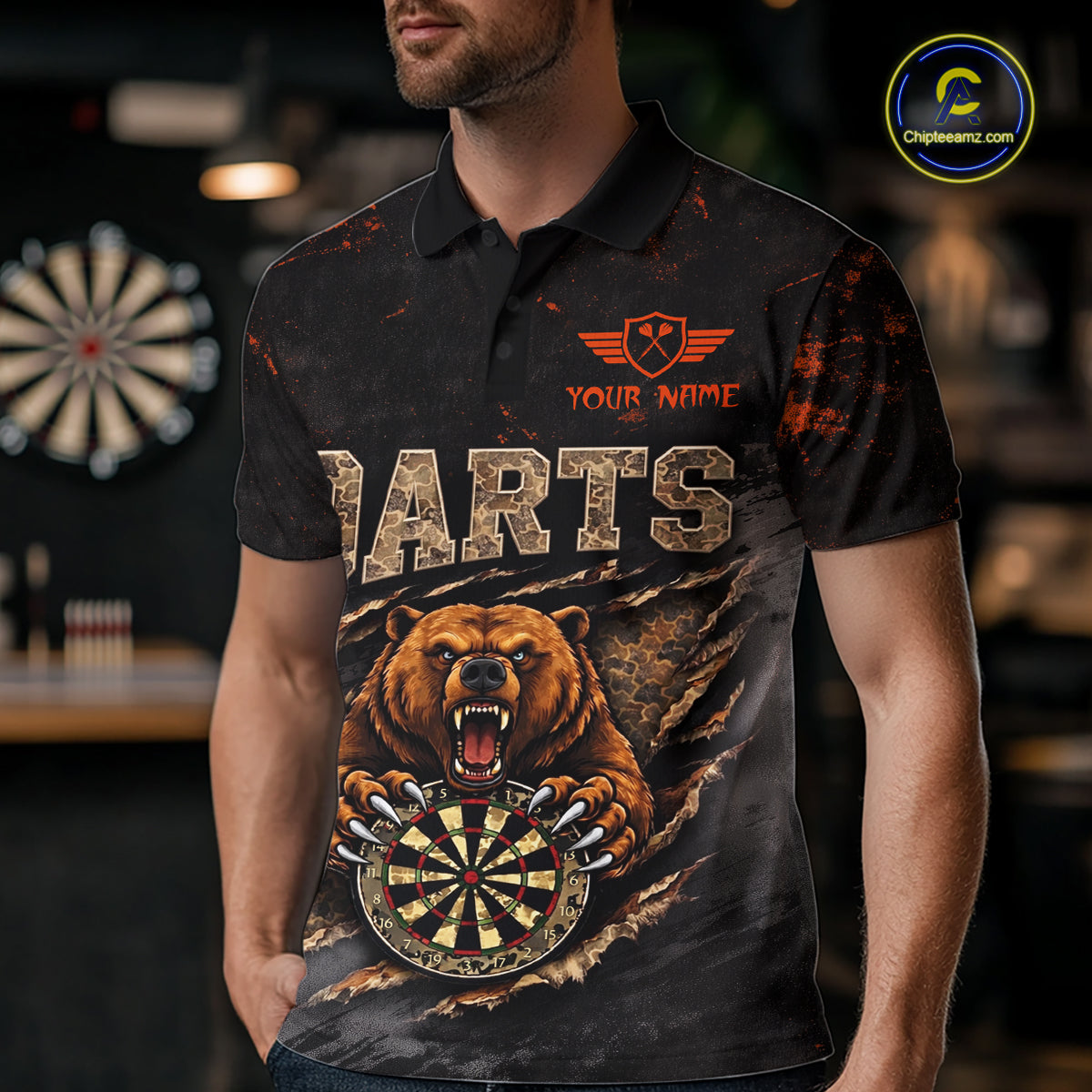 Personalized Funny Bear Grunge Camouflage Darts Polo & 1/4-Zip Shirts For Men Dart Team Jerseys NYN2814