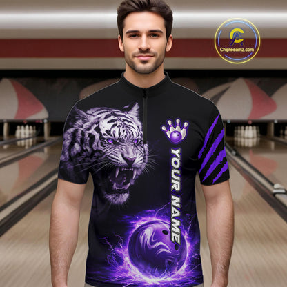 Purple Flames Tiger Custom Men Bowling Polo & Quarter-Zip Shirts Flame Bowling Team Jerseys NYN3012