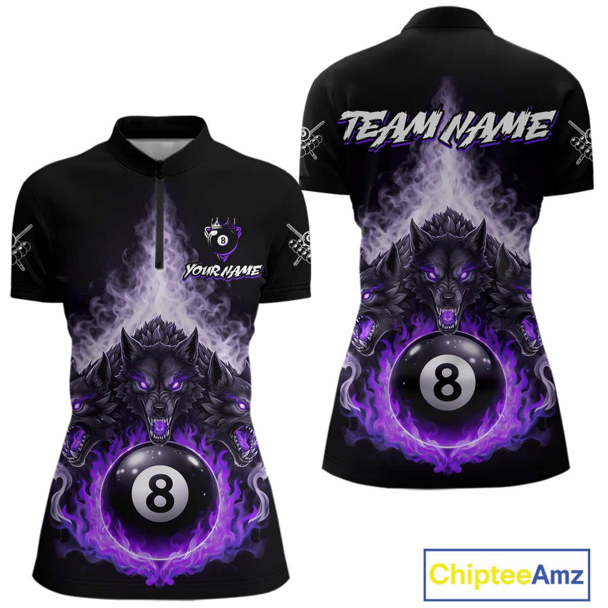 Custom Horror Wolfs Black Purple Smokes Pool 8 Ball Women's Billiard Team Shirt Billiard Attire NYN2667