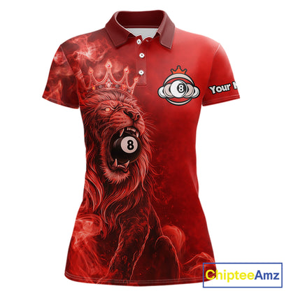 Personalized Red Grunge Smoke Crown Lion 8 Ball Pool Billiard Shirts For Women Billiard Attire Gifts NYN2826