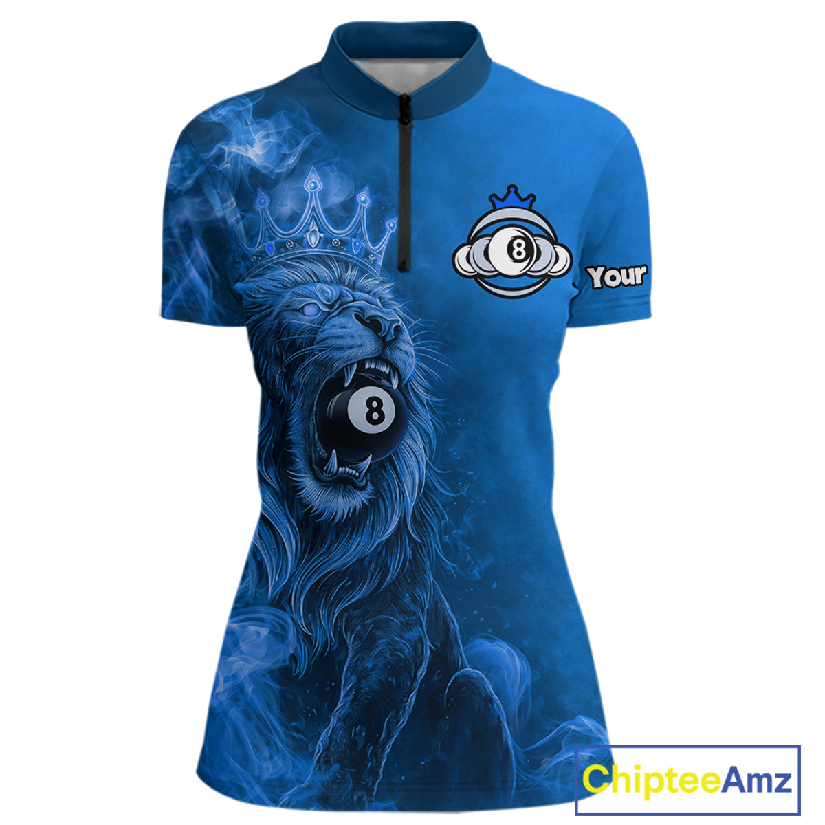 Personalized Blue Grunge Smoke Crown Lion 8 Ball Pool Billiard Shirts For Women Billiard Attire Gifts NYN2827