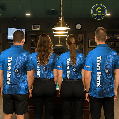 Personalized Blue Grunge Smoke Crown Lion 8 Ball Pool Billiard Shirts For Men Billiard Attire Gifts NYN2827