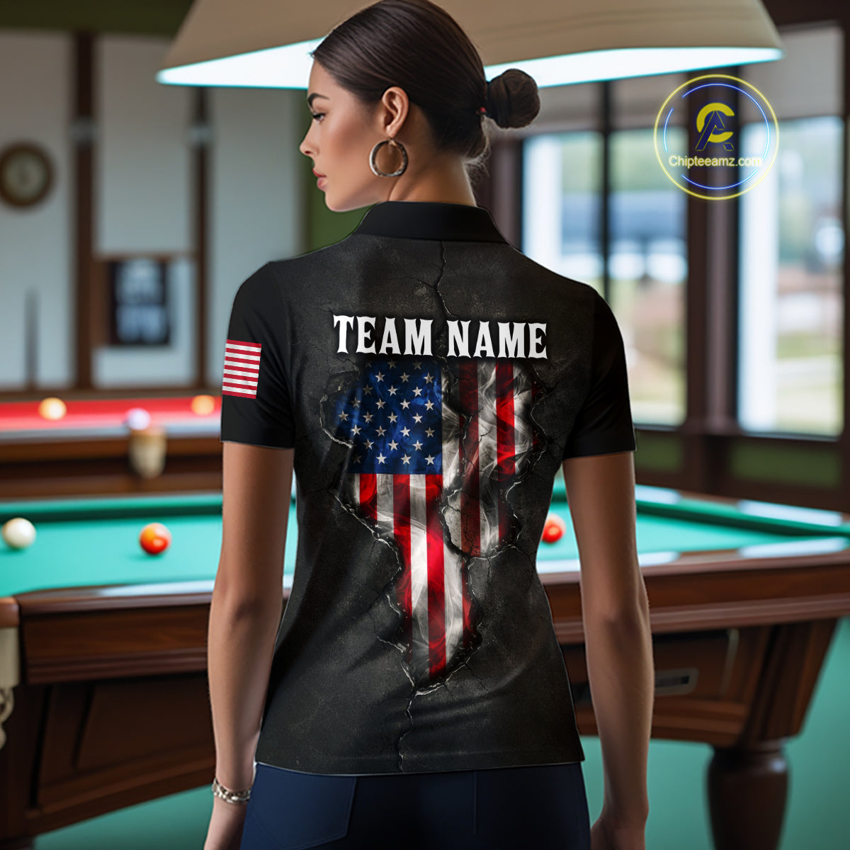 Smoke US Flag Smoke Billiard Polo & 1/4-Zip For Women Custom Patriotic 8 Ball Pool Team Jersey NYN3045