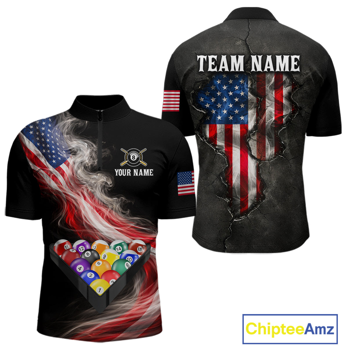 Smoke US Flag Smoke Billiard Polo & 1/4-Zip For Men Custom Patriotic 8 Ball Pool Team Jersey NYN3045
