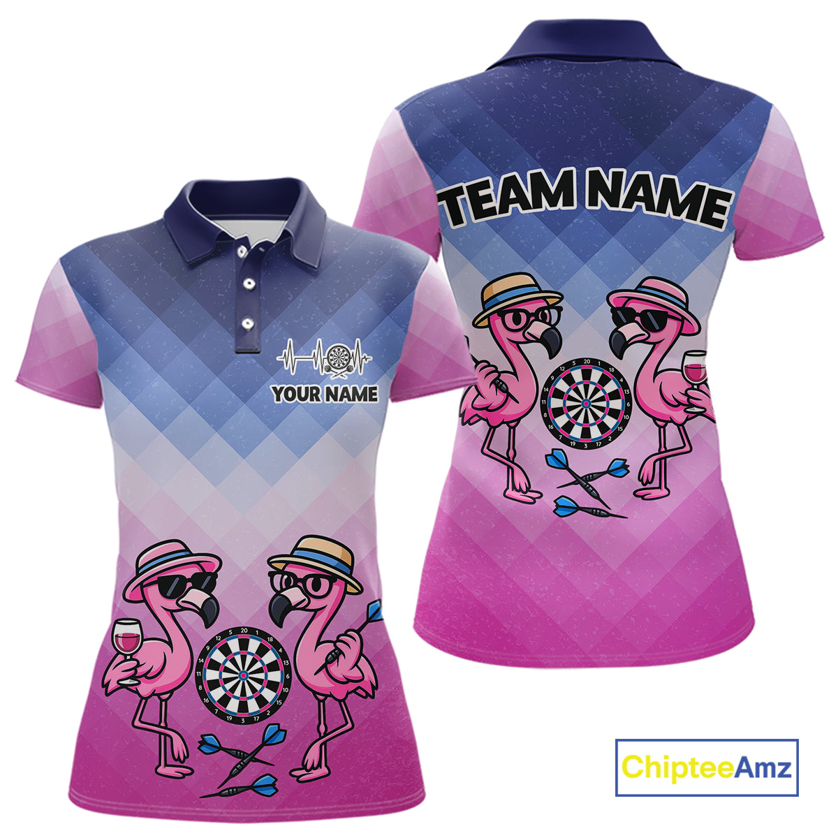 Custom Funny Pink Couple Flamingo Custom Dart Polo Shirts For Women Dart Team Jerseys NYN2187