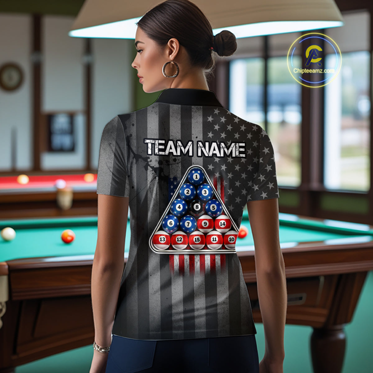 Grunge US Flag Blur 8 Ball Pool Billiard Team Shirt For Women Custom Patriotic Billiards Ball Attire NYN2470