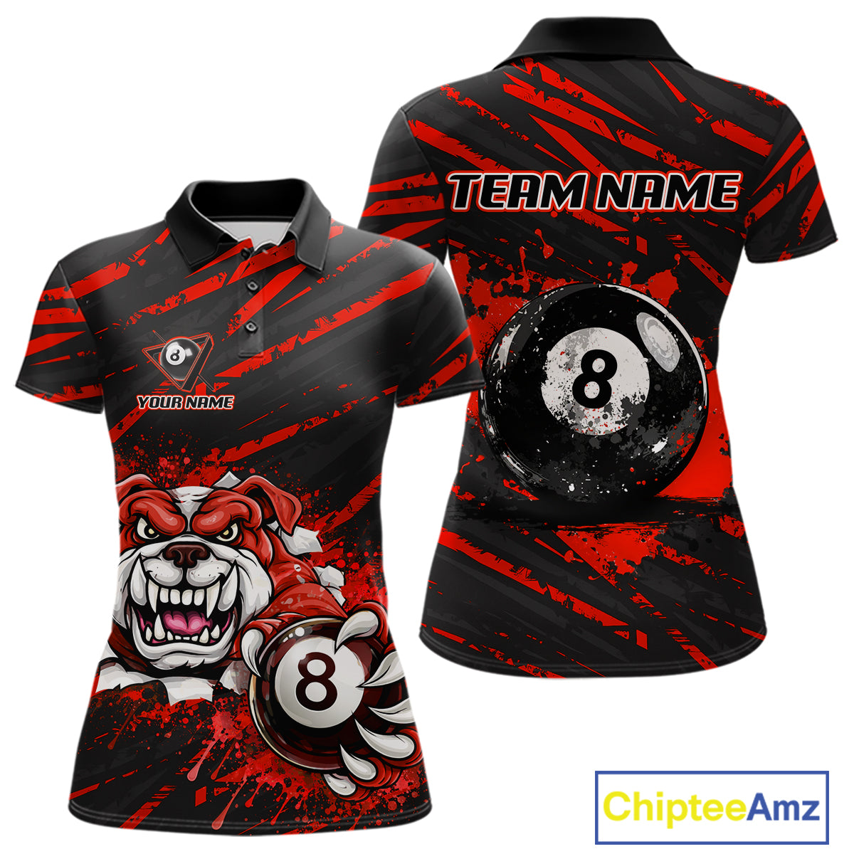 Red Splatter Ball 8 Billiard Jerseys For Women Custom Funny Bulldog Billiard Team Jersey NYN2828
