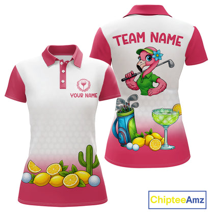 Womens Flamingo Tropical Polo Golf Shirts Custom Pink And White Ball Golf Attire For Golfers NYN3061