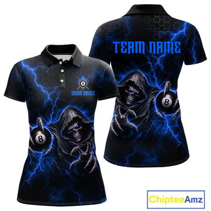 Custom Blue Grim Reaper Thunder 8 Ball Pool Billiard Shirt For Women, Billiard Team Jersey NYN3779