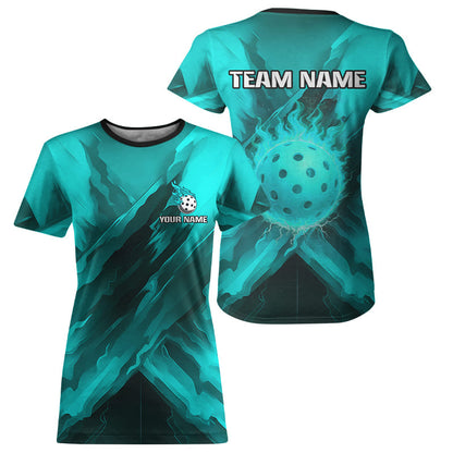 Custom Fire Flame Turquoise Pickleball Ball T-Shirt For Women Outfits Pickleball Jerseys NYN2485