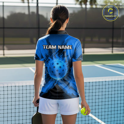 Custom Fire Flame Blue Pickleball Ball T-Shirt For Women  Outfits Pickleball Jerseys NYN2486