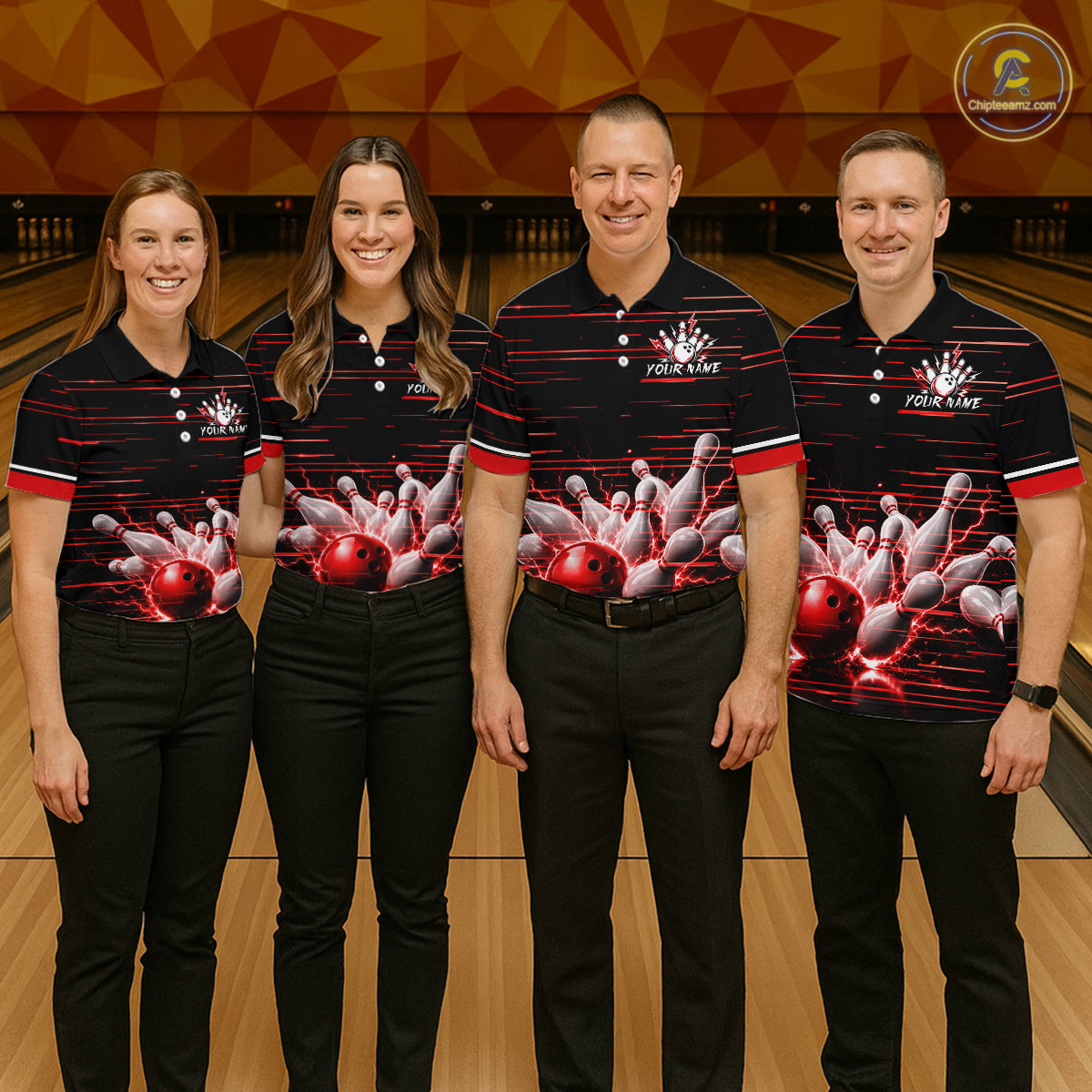 Red Horizontal Stripes Mens Bowling Shirt Personalized Thunder Lightning Team Bowling Jersey NYN3233