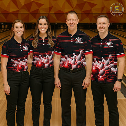 Red Horizontal Stripes Mens Bowling Shirt Personalized Thunder Lightning Team Bowling Jersey NYN3233
