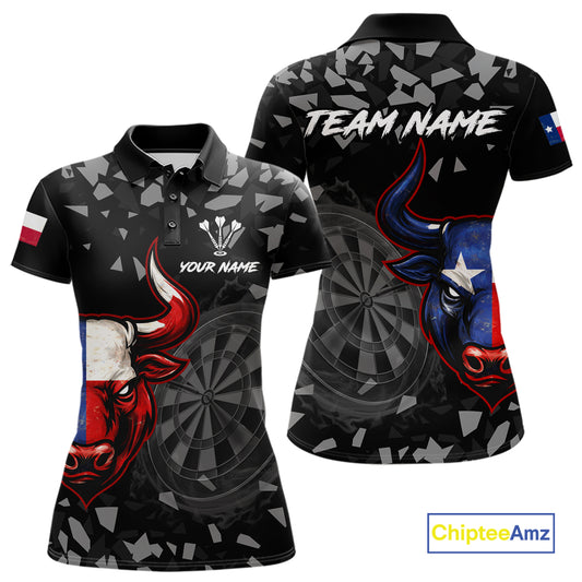 Texas Flag Bull & Dartboard Custom Grunge Women Darts Polo Shirt Patriotic Darts Team Jersey NYN2716
