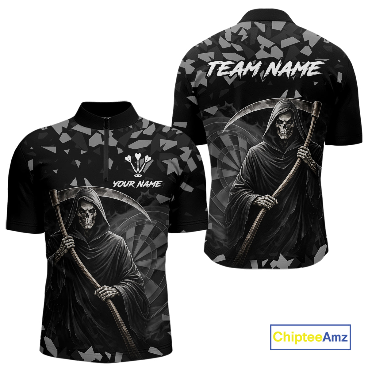 Grey Grim Reaper Smoke Dartboard Custom Grunge Men Darts 1/4-Zip Shirt Darts Team Jersey NYN2718
