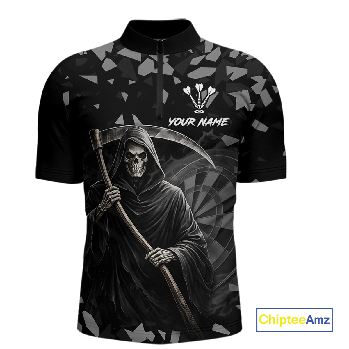 Grey Grim Reaper Smoke Dartboard Custom Grunge Men Darts 1/4-Zip Shirt Darts Team Jersey NYN2718