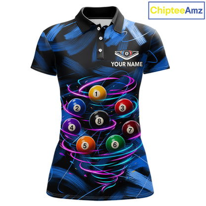 Neon Blue Light billiard ball women's billiard polo shirt custom brush paint pool jersey, personalized billiards apparel