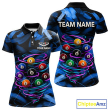 Load image into Gallery viewer, Neon Blue Light billiard ball women's billiard polo shirt custom brush paint pool jersey, personalized billiards apparel