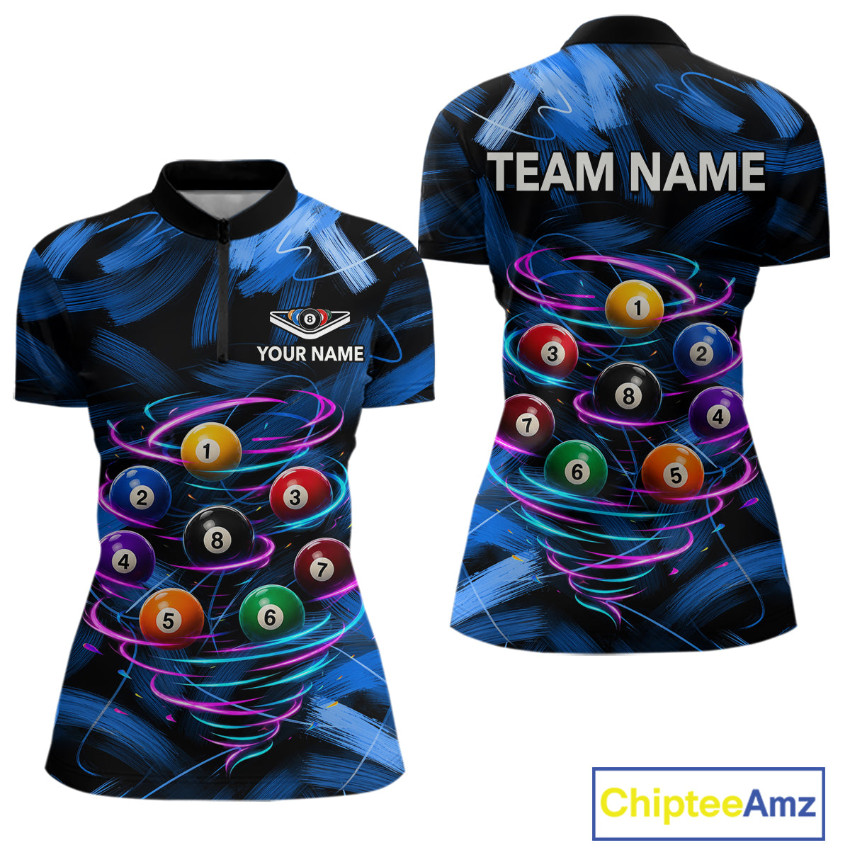 Neon Blue Light billiard ball women's quarter zip pool shirt custom billiard team jersey, tournament billiards uniform