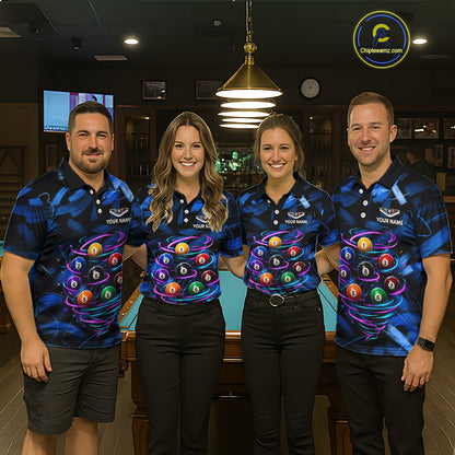 Men women billiard team wearing Neon Blue Light custom billiards uniforms, personalized pool team jerseys