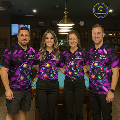 Men women billiard team wearing Neon Pink Light custom billiard uniforms, professional pool team jerseys