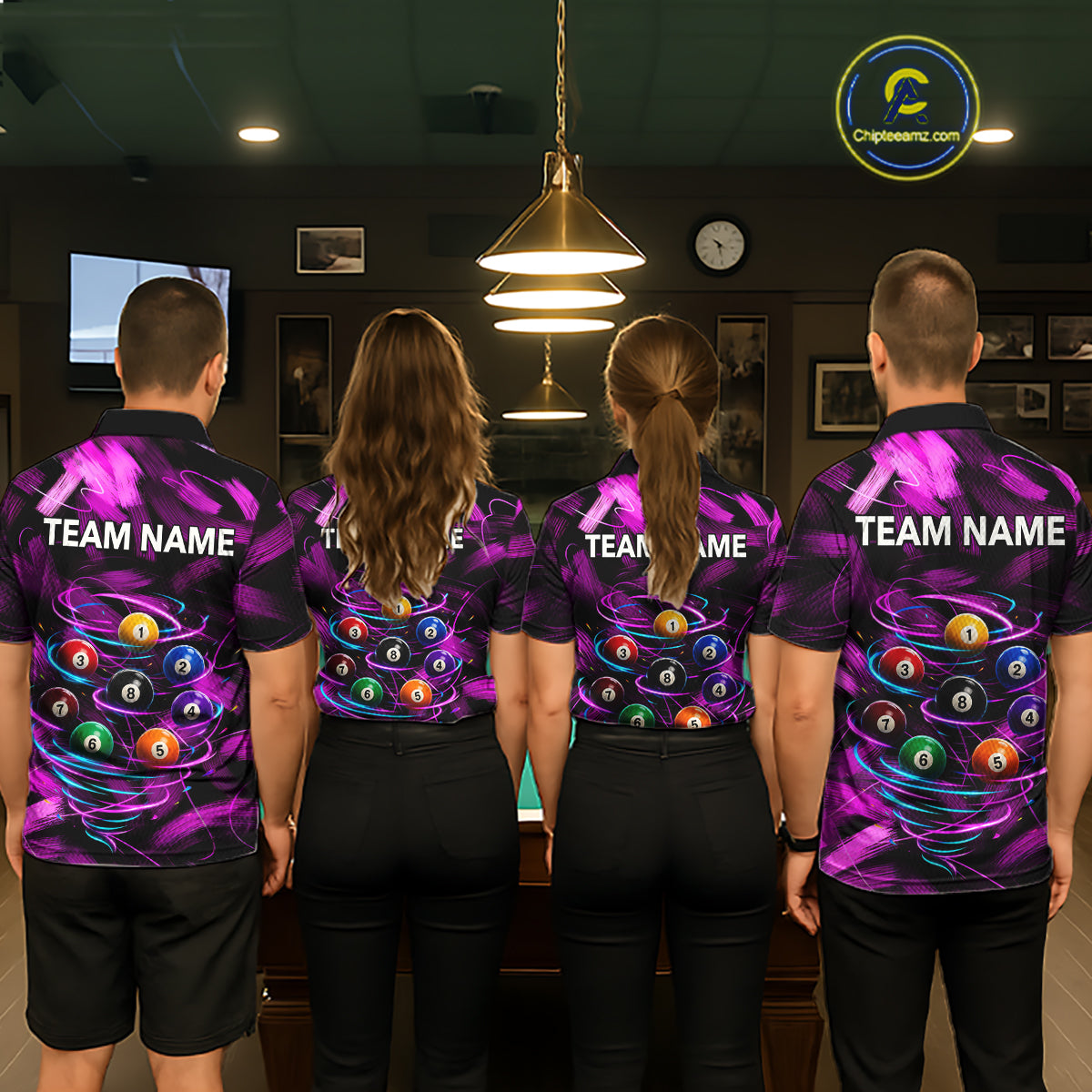 Men women billiard team wearing Neon Pink Light custom billiard uniforms, professional pool team jerseys