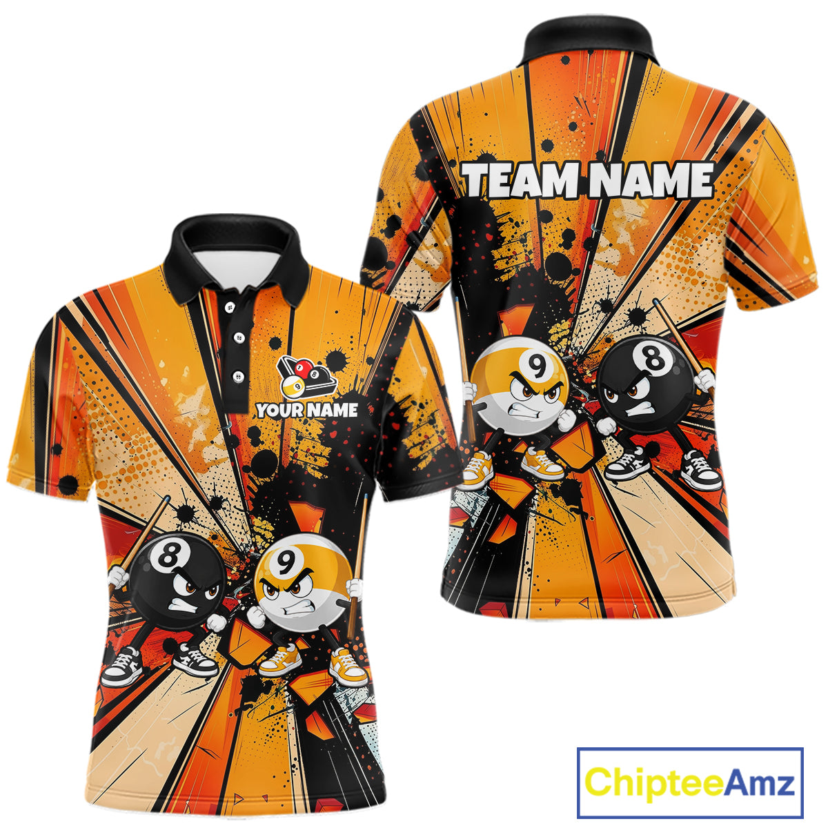 Funny 8 Ball & 9 Ball Billiard Polo featuring personalized player name, custom pool graphics, breathable tournament jersey, league-ready cue sports apparel, humorous sportswear.