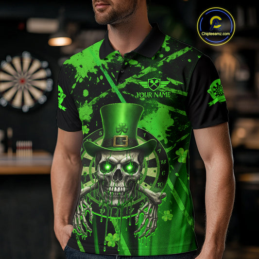 Custom Green Grunge St Patricks Day Men Darts Polo Shirt Skull Leprechaun Darts Jersey NYN1971