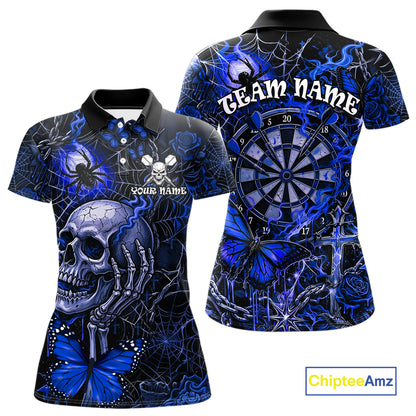 Custom Blue Skull Butterfly Women Dart Shirts Spider Smoke Dartboard Darts Polo & 1/4-Zip Jerseys NYN3077