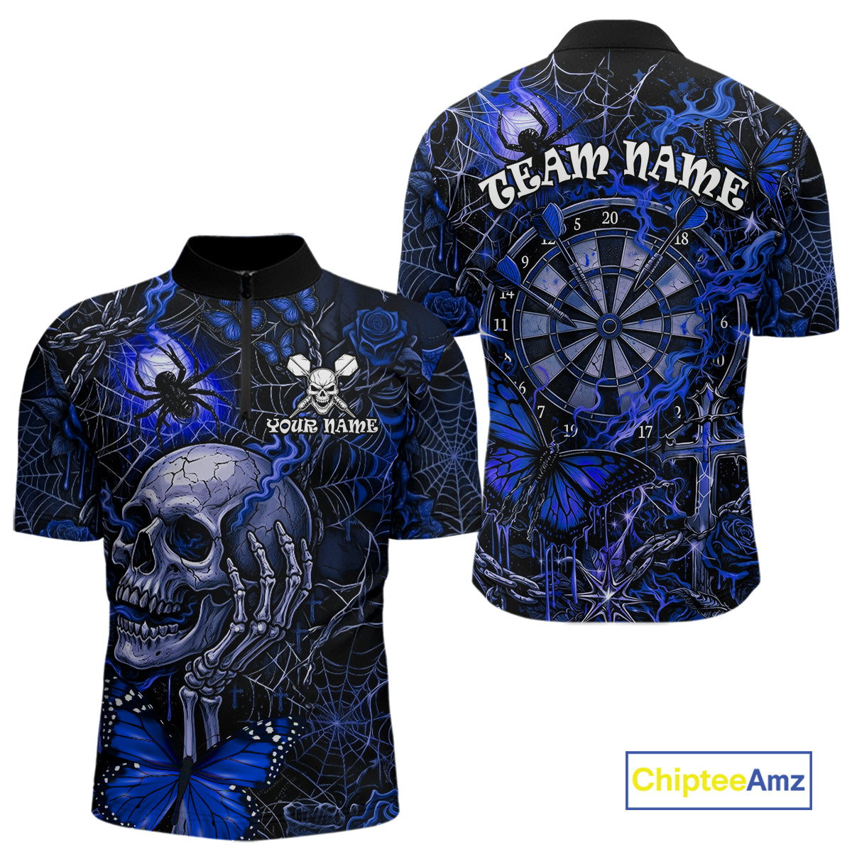 Custom Blue Skull Butterfly Mens Dart Shirts Spider Smoke Dartboard Darts Polo & 1/4-Zip Jerseys NYN3077