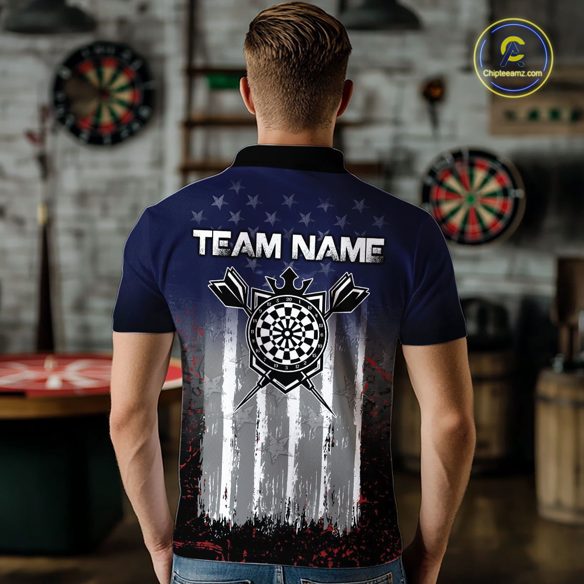Gray, Blue And Red Grunge US Flag Darts Polo & 1/4-Zip Shirt Custom Patriotic Dart Jersey For Men NYN3081