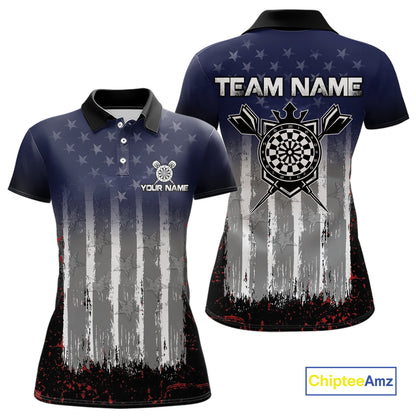 Gray, Blue And Red Grunge US Flag Darts Polo & 1/4-Zip Shirt Custom Patriotic Dart Jersey For Women NYN3081