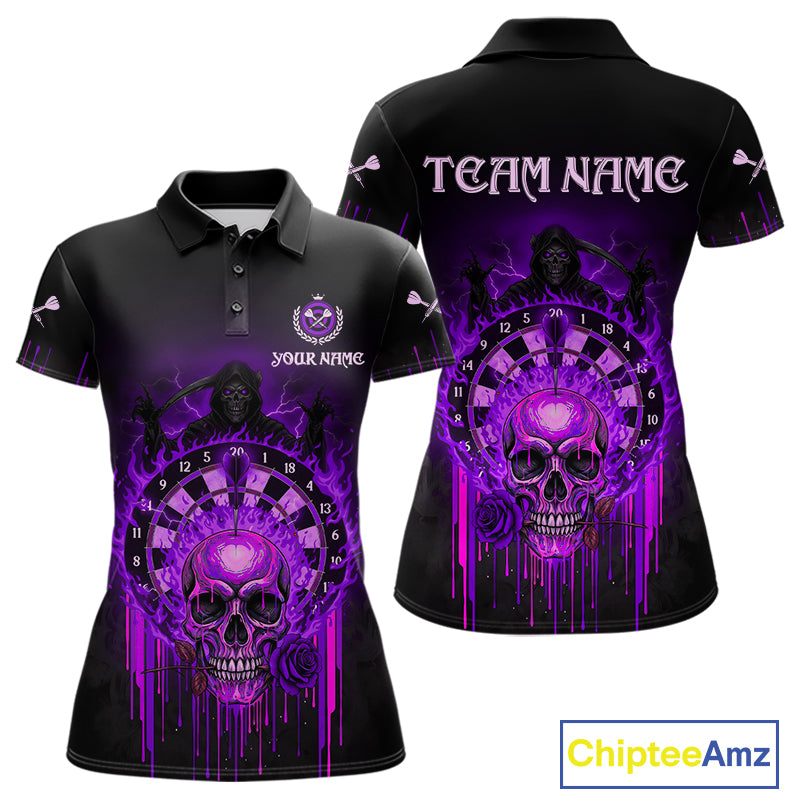 Custom Purple Flames Grim Reaper Dartboard Men Darts Polo Shirt Rose Skulls Darts Jersey NYN1976