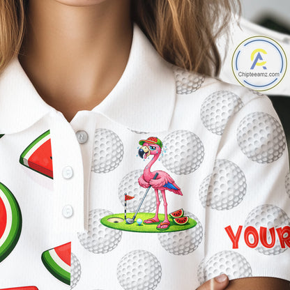 Tired Flamingo Watermelon Pattern Womens Golf Polo Shirts Custom Funny Golfing Flamingo Golf Shirts NYN2882