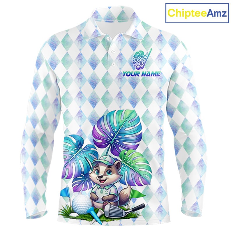 Funny Mens Golf Polo Shirt Holographic Argyle Monstera Golf Ball Personalized Raccoon Golf Shirts NYN3094