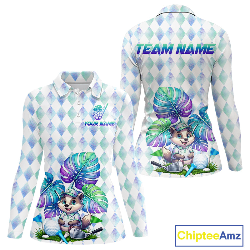 Funny Womens Golf Polo Shirt Holographic Argyle Monstera Golf Ball Personalized Raccoon Golf Shirts NYN3094
