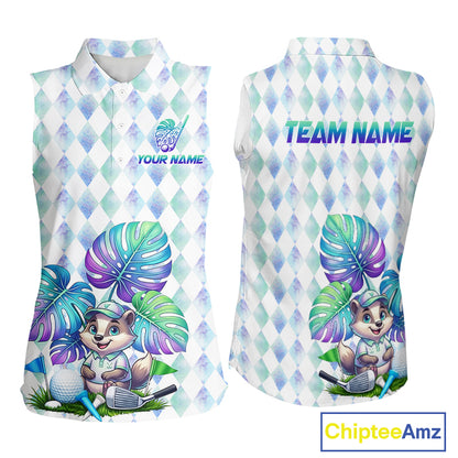 Funny Womens Golf Sleeveless Polo Shirt Holographic Argyle Monstera Golf Ball Personalized Raccoon Golf Shirts NYN3094