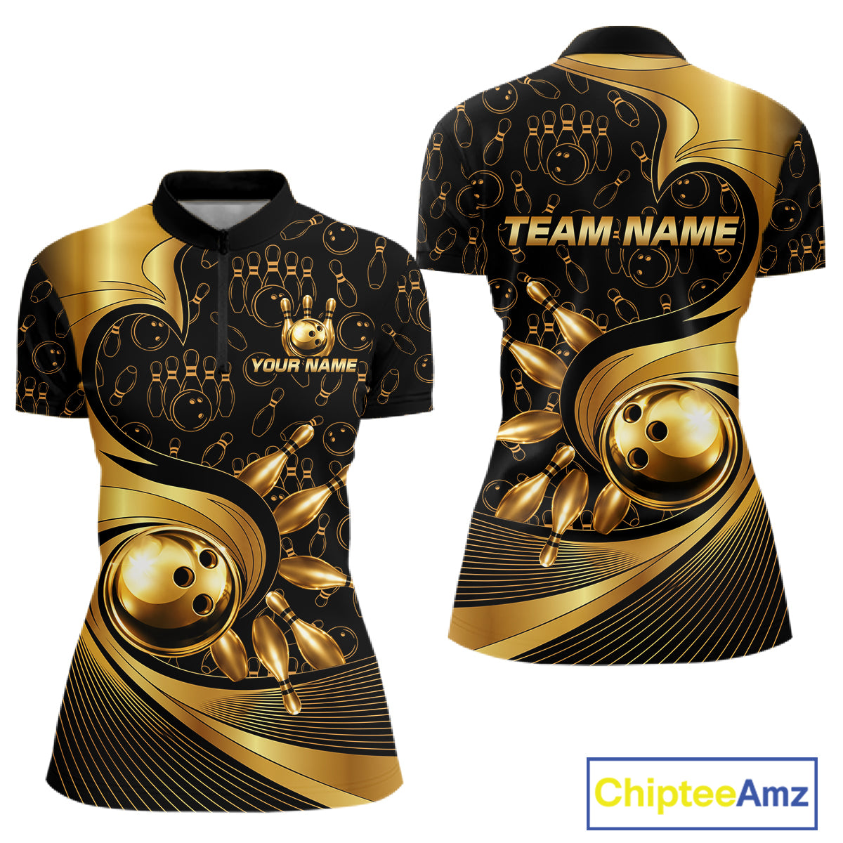 Black And Gold Strikes Bowling Ball & Pins Shirt For Women Custom Bowling Team Attire NYN3275