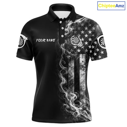 White Smokes American Flag Skeleton men's patriotic darts polo shirt, USA dart jersey, custom patriotic dart team apparel