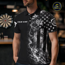 Load image into Gallery viewer, Male darts player wearing American Flag Skeleton patriotic dart jersey during league and national tournament events