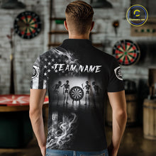 Load image into Gallery viewer, Male darts player wearing American Flag Skeleton patriotic dart jersey during league and national tournament events