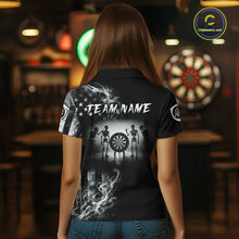 Load image into Gallery viewer, Female darts player wearing American Flag Skeleton patriotic dart jersey during league and national tournament events