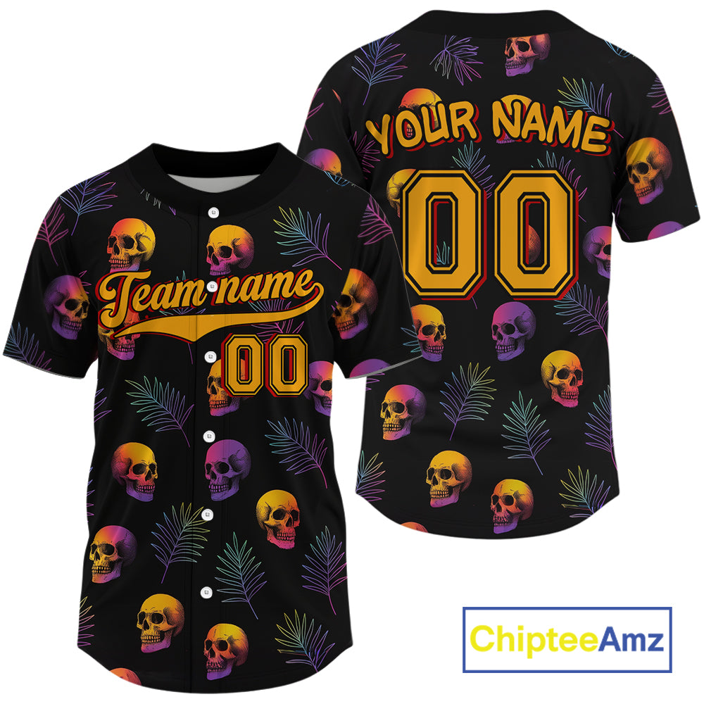 Custom Black And Yellow Skull Baseball Halloween Shirt For Men Skull Baseball Jerseys NYN1468