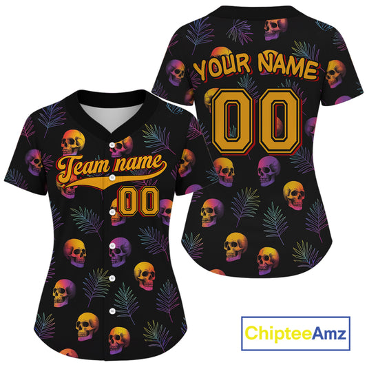 Custom Black And Yellow Skull Baseball Halloween Shirt For Women Skull Baseball Jerseys NYN1468