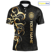 Load image into Gallery viewer, Custom Black And Gold Crown Dartboard Darts Men Polo 14-Zip Shirt, Polynesian Tribal Darts Attire NYN3119