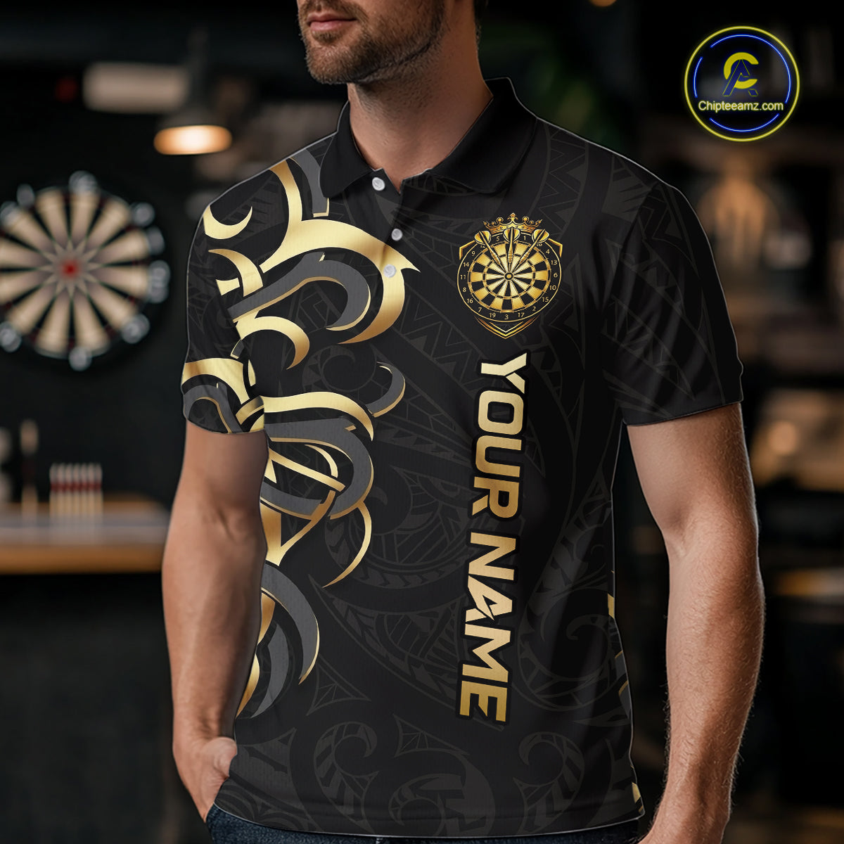 Custom Black And Gold Crown Dartboard Darts Men Polo 14-Zip Shirt, Polynesian Tribal Darts Attire NYN3119