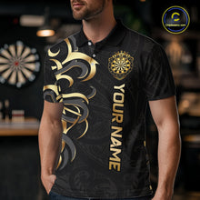 Load image into Gallery viewer, Custom Black And Gold Crown Dartboard Darts Men Polo 14-Zip Shirt, Polynesian Tribal Darts Attire NYN3119