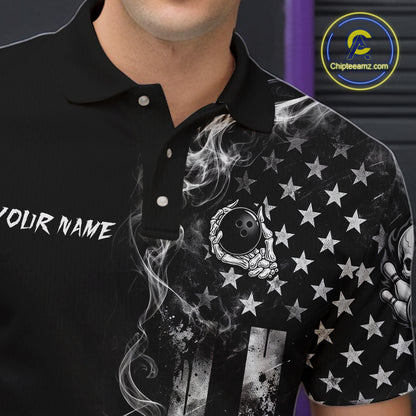 Smoke American Flag Mens Bowling Polo 1/4-Zip Shirt Custom Skeleton Youth Bowling Outfits | White NYN3286